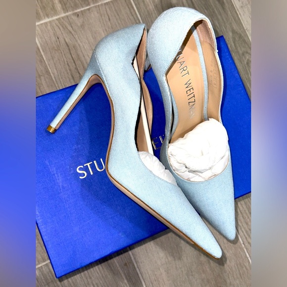 Stuart Weitzman Denim Scallop Pumps Size 8B - Picture 1 of 6